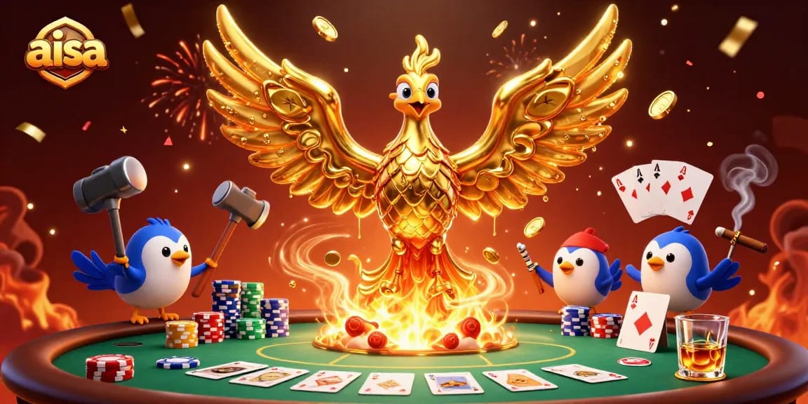 Experience the thrill of aisa as a molten golden phoenix emerges above a poker table filled with vibrant chips and cards.