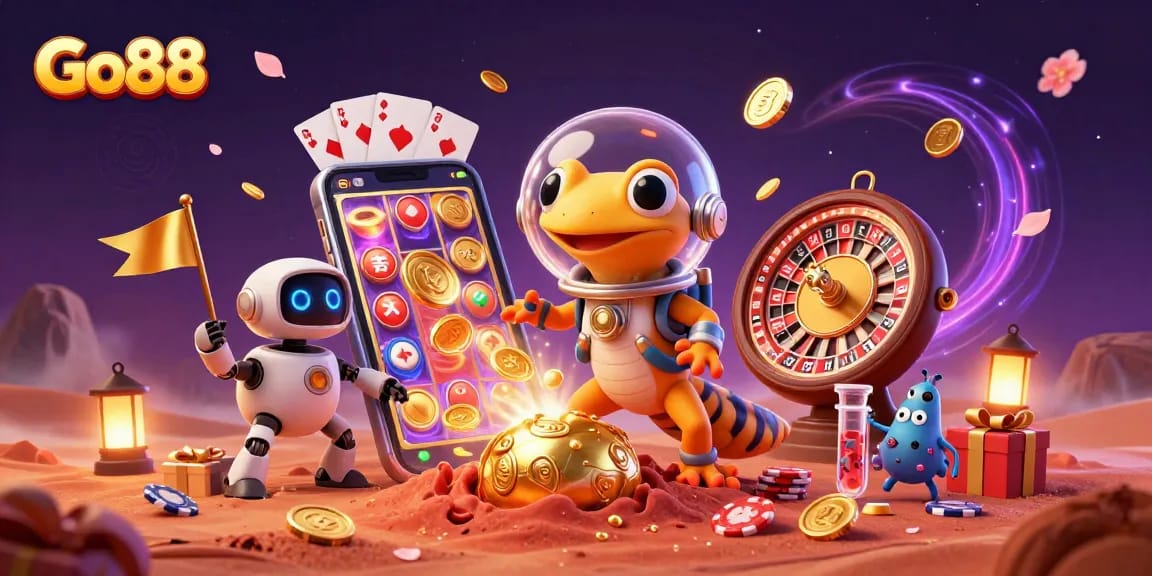 Go88 casino adventure with colorful gaming elements, featuring a Martian gecko and robot rover.