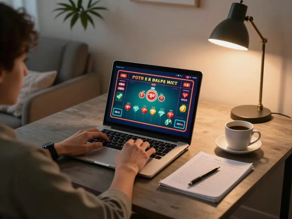 Engaging in online poker at UU88 with vibrant graphics and cozy home setting.