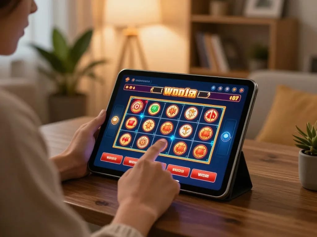 Player engaging in mobile gaming at home with popular bl555r app displayed on tablet.