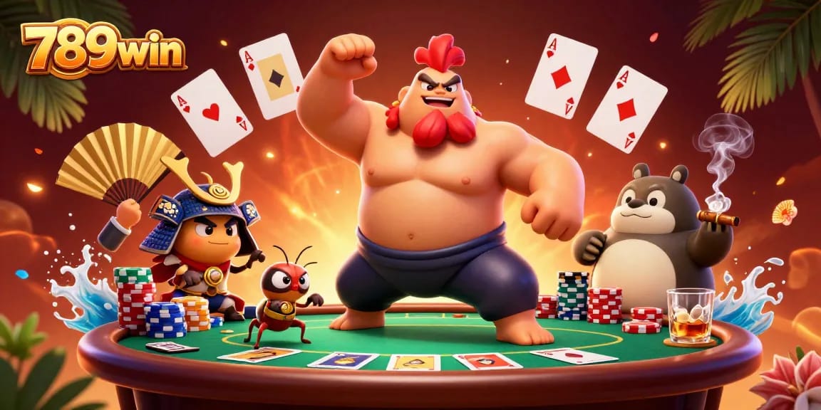 Engage in thrilling games at 789win with vibrant poker scene featuring energetic characters.