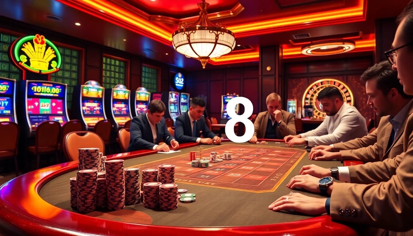 Engaged players at a luxurious poker table in a vibrant go8-themed casino setting.
