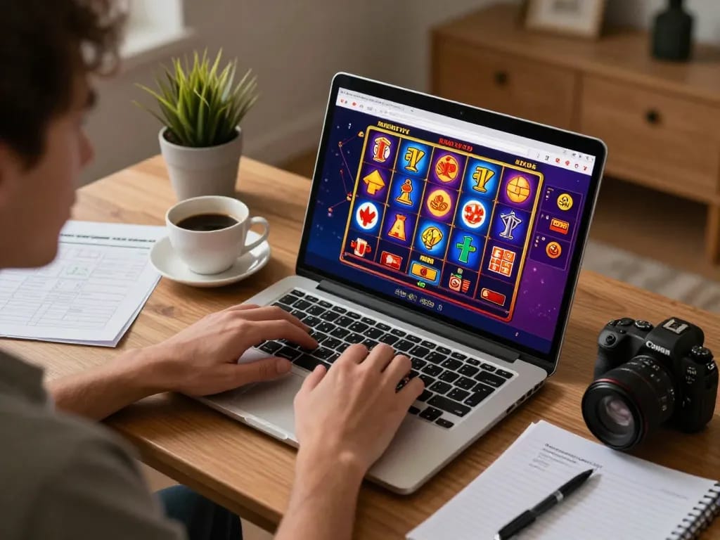 Player enjoying lc88 online casino slots at home, showcasing vibrant and engaging gaming interface.
