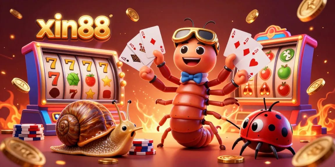 Experience the excitement of xin88 with a dynamic casino scene showcasing vibrant slot games and a cartoon dealer.