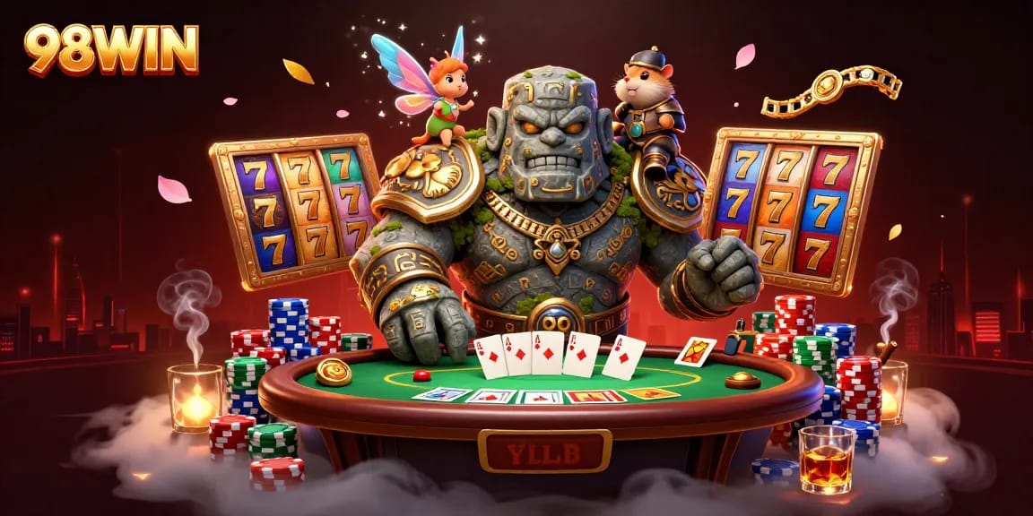 Experience the thrill of 98WIN with a vibrant 3D golem and fairy in a lively casino environment.