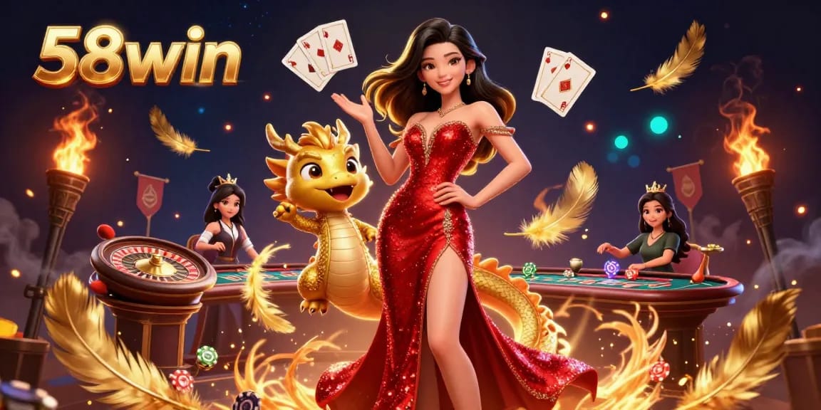 Experience 58win's exciting live casino action with a glamorous Asian host and golden dragon mascot.