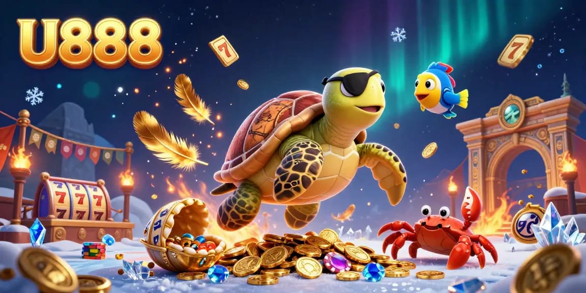 Win exciting treasures with U888's thrilling casino adventure featuring a pirate turtle, hermit crab, and parrotfish.