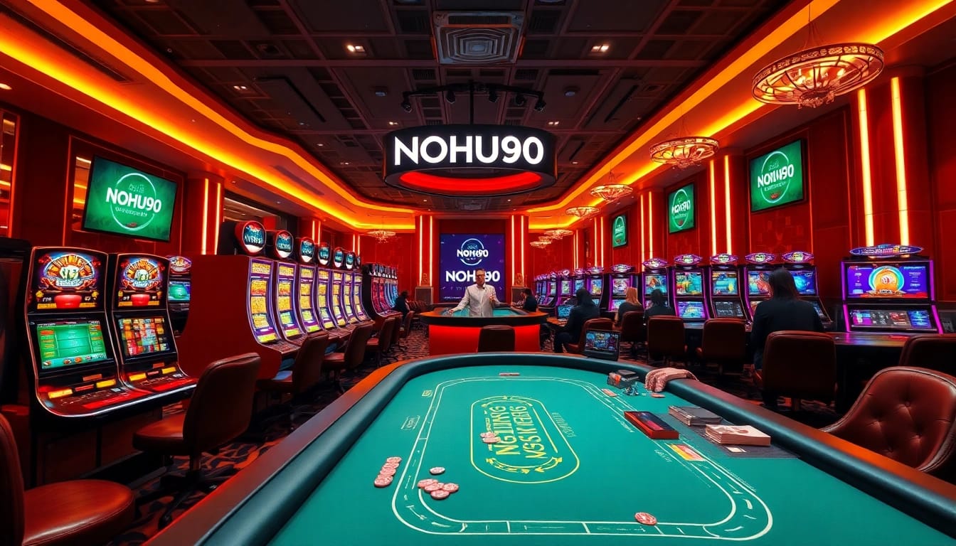 Players enjoying games at NOHU90 casino with dynamic slot machines and poker tables.
