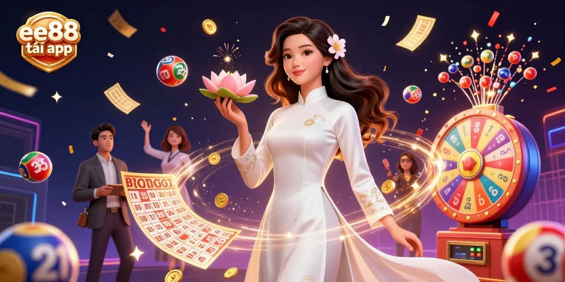 Experience the thrill of gaming with ee88 tải app, featuring vibrant casino elements and a graceful character.