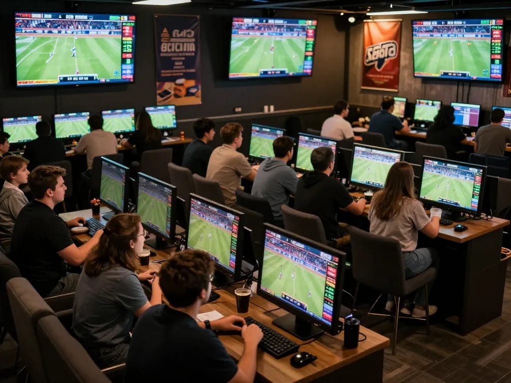 Exciting scene showing tỷ lệ kèo nhà cái 5 betting on live sports with fans engaged in action.
