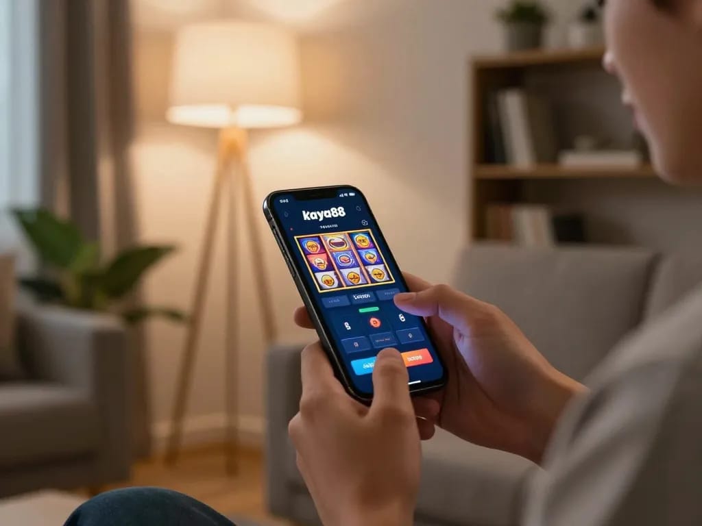 Kaya88 slot login app gameplay on smartphone in a cozy home setting.