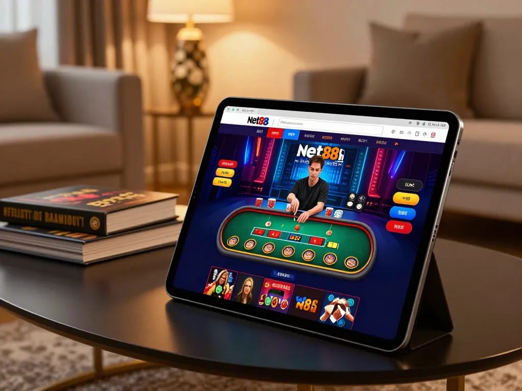 Player engaging with net88's live dealer casino on a tablet in a cozy home setting, emphasizing interactive gameplay.
