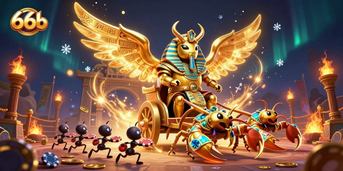 Engage in casino excitement with 66b, featuring a dazzling scene of a golden scarab beetle chariot.