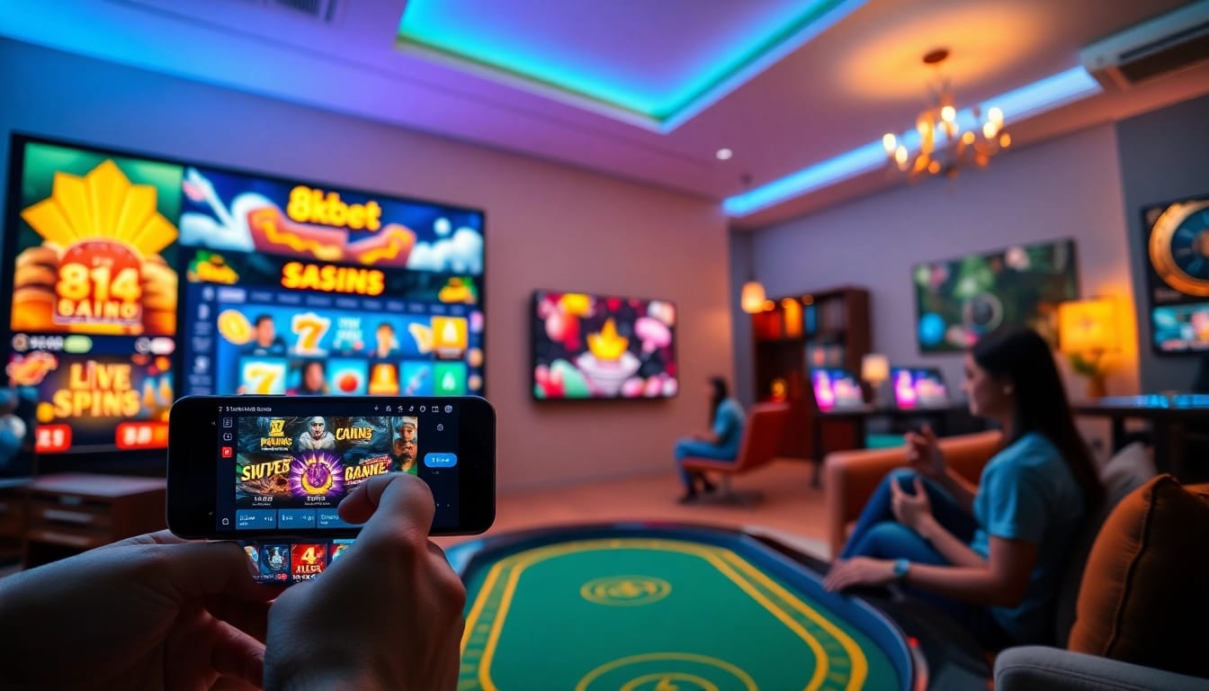 Engaging online gambling scene featuring 8kbet platform, showcasing vibrant slot games and live betting options.