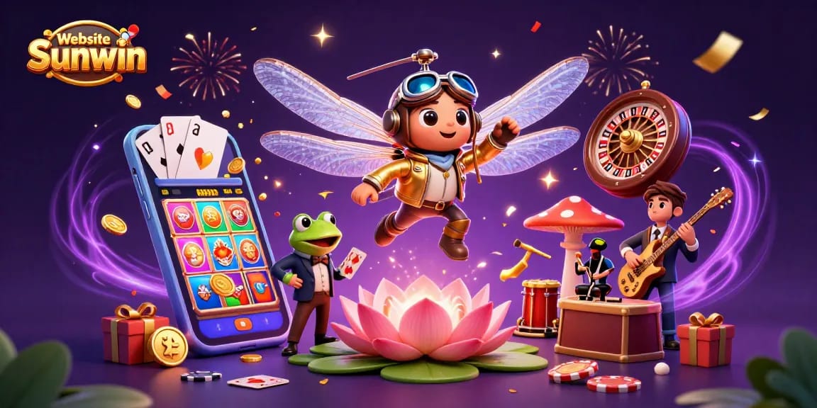 Play vibrant slot games with Website Sunwin amidst lively casino characters and elements.