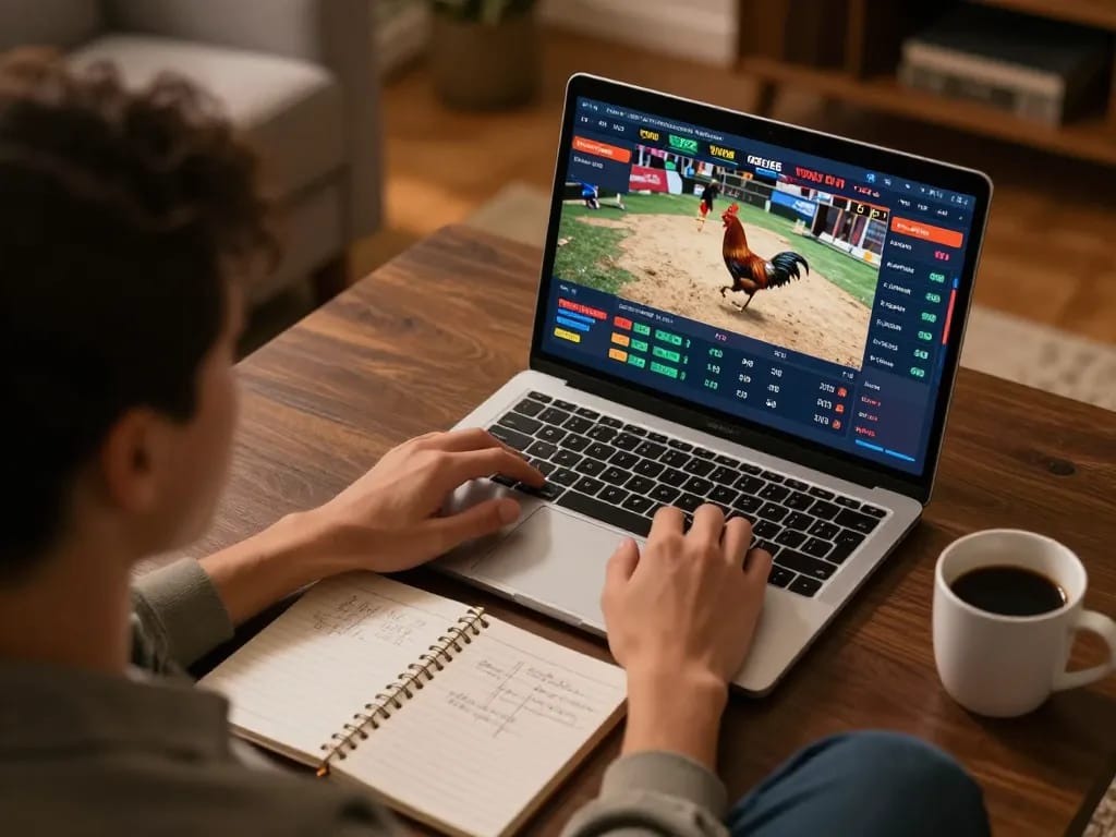 Engaged player using wala88 to bet on live cockfighting matches online in a cozy setting