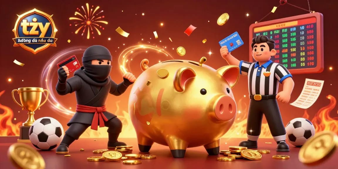 Engage with tỷ lệ bóng đá nhà cái as a golden piggy bank sumo wrestler and friends create a dynamic betting scene filled with sports elements.