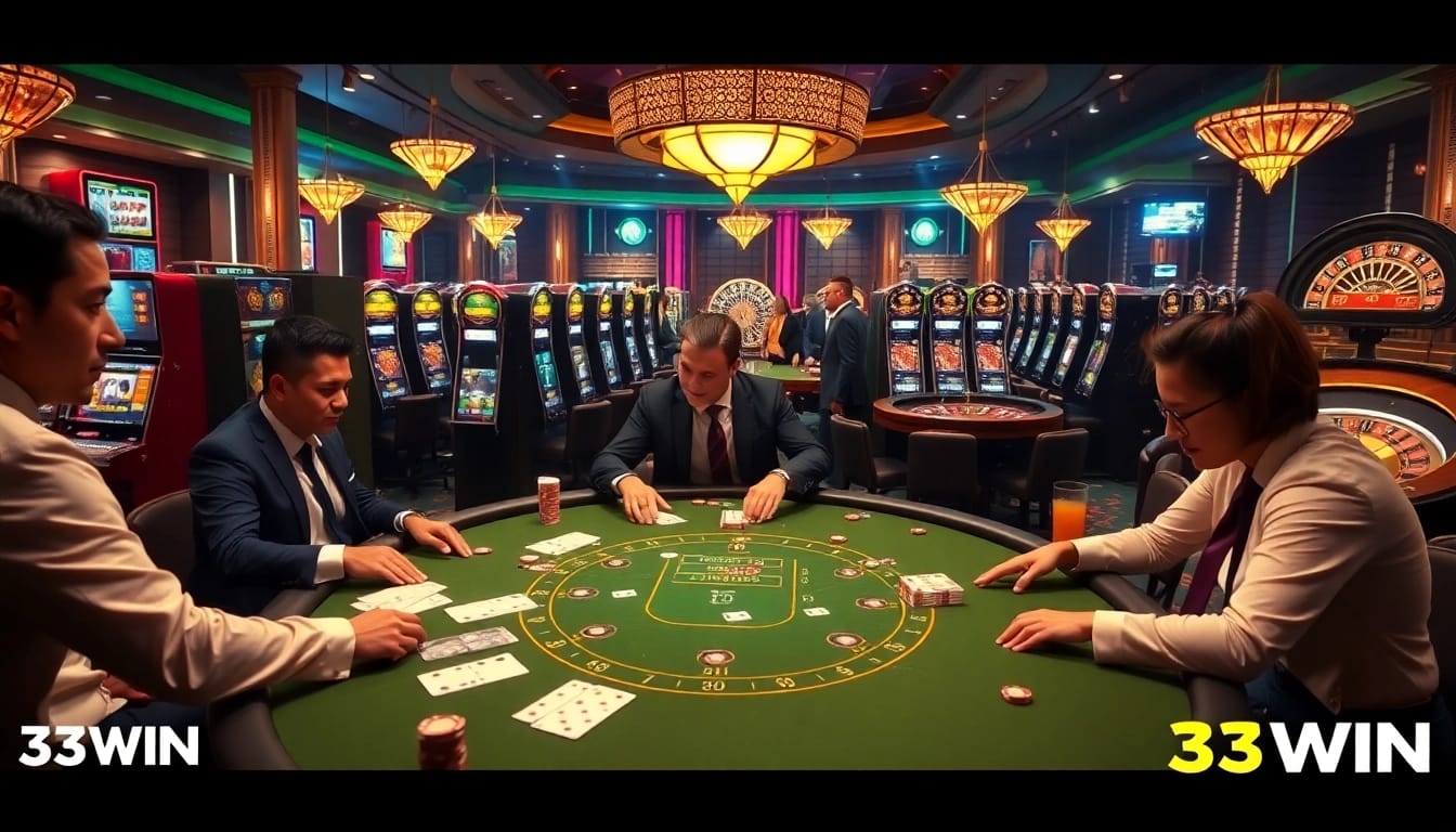 Experience the thrill of 33WIN at a luxurious casino table with excited players in high-stakes action.