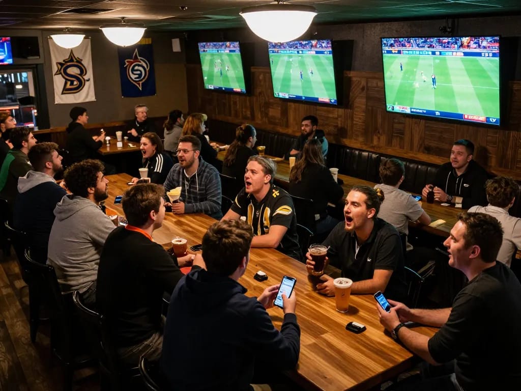 Fans engaging in sports betting at Tylekeo during a live football match, capturing the excitement of wagering.