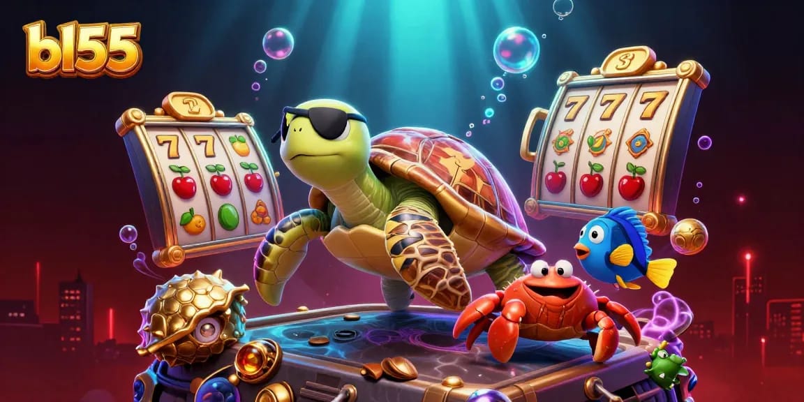 Experience thrilling casino action at bl55 with cartoon characters enjoying a vibrant slot machine adventure.