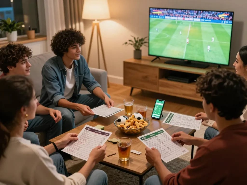 Friends engaging in footballl betting at home, celebrating game excitement with betting slips.