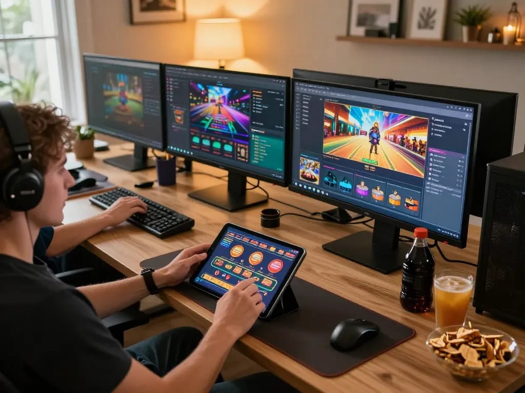 Player engaging with casino games on fly888 app using tablet in cozy home setting