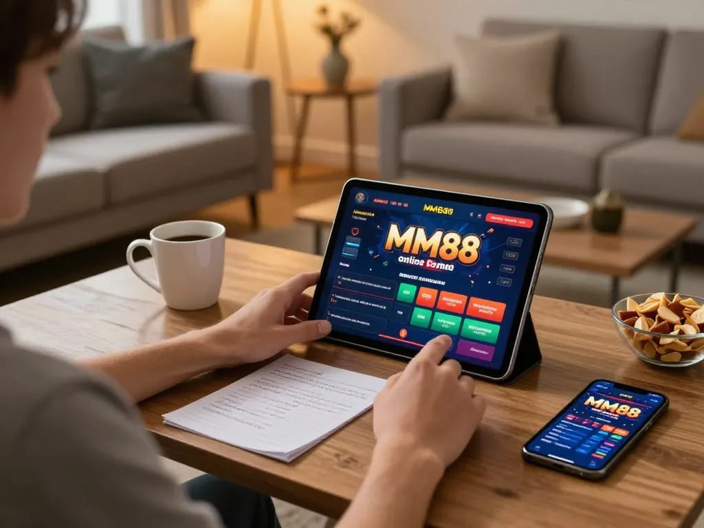 Player using MM88 app on tablet in a cozy home gaming setup with strategy notes