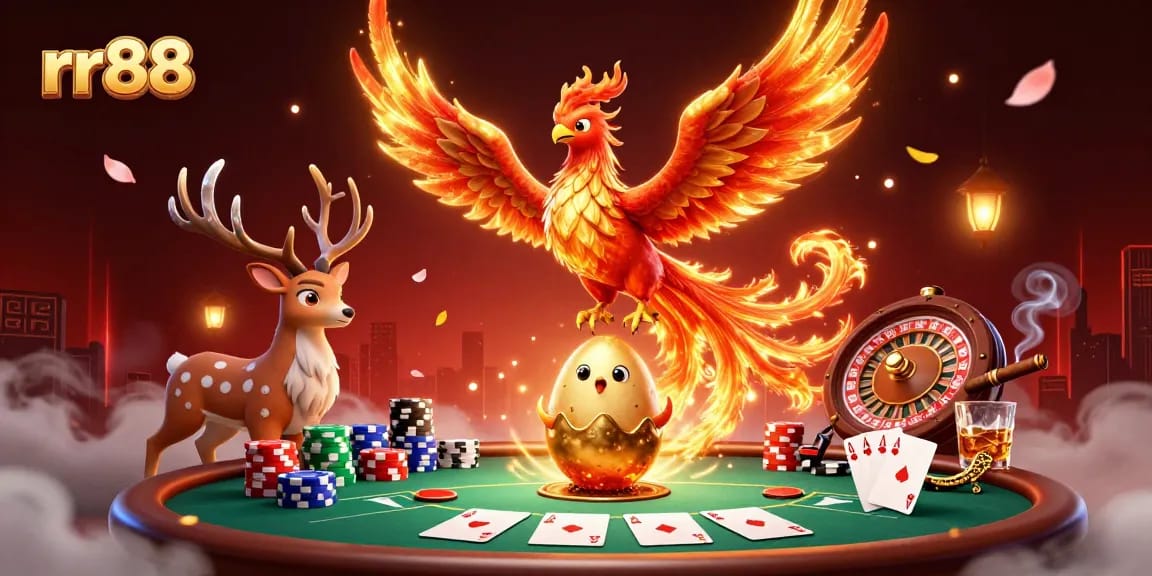 Experience the vibrant allure of rr88 casino games with a dynamic scene featuring phoenix and poker elements.