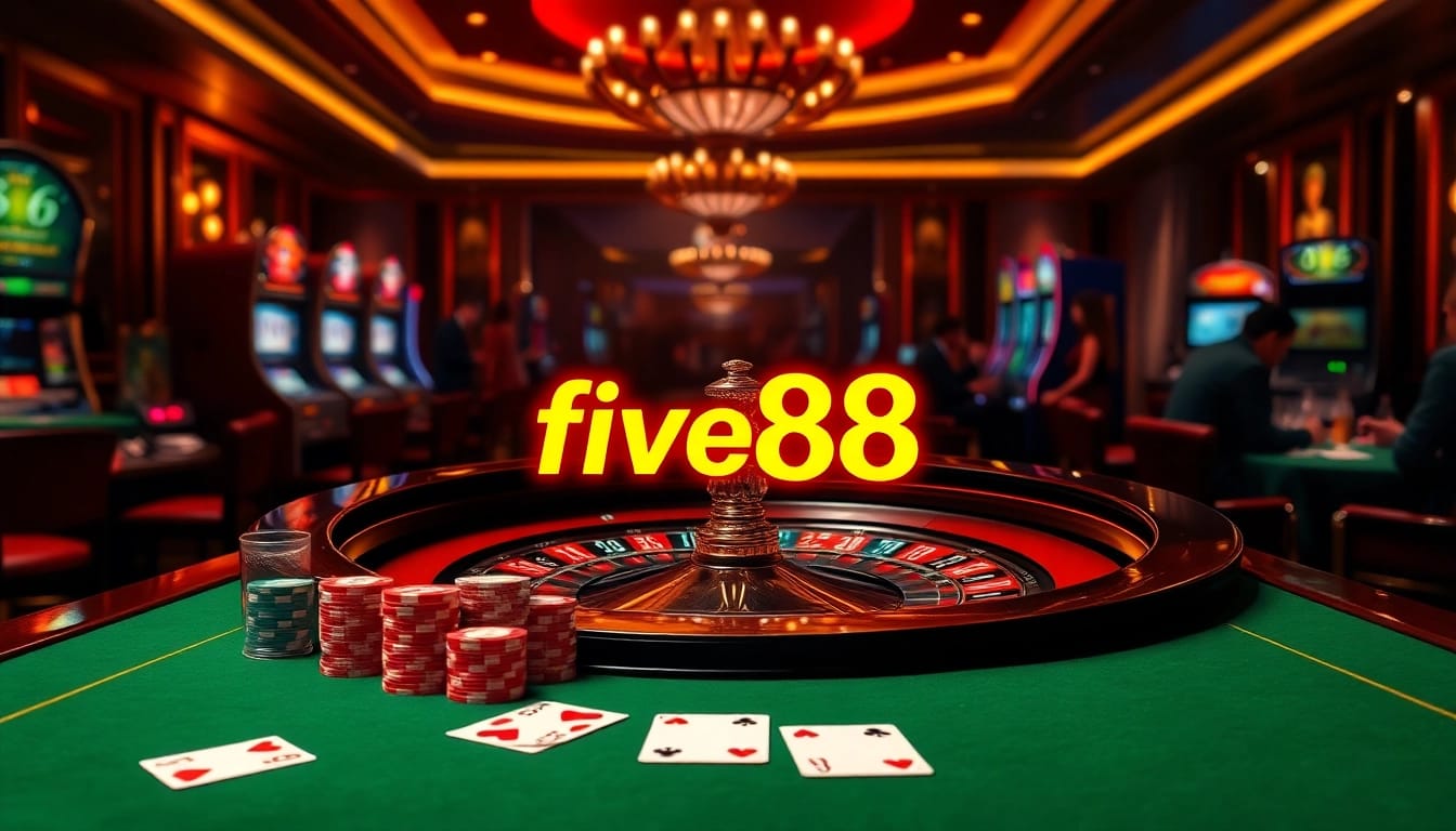 Engage with five88 at a luxurious casino featuring roulette, poker chips, and vibrant lights.