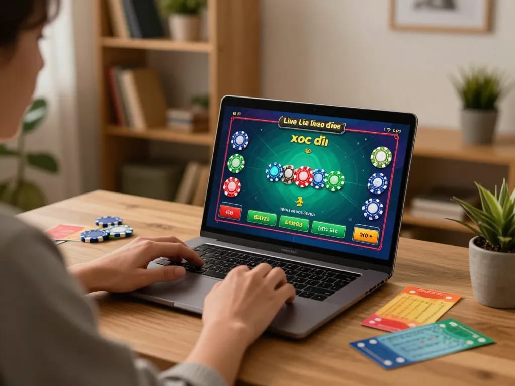 Xóc đĩa online gameplay on a laptop in a cozy home environment with strategic betting displayed.