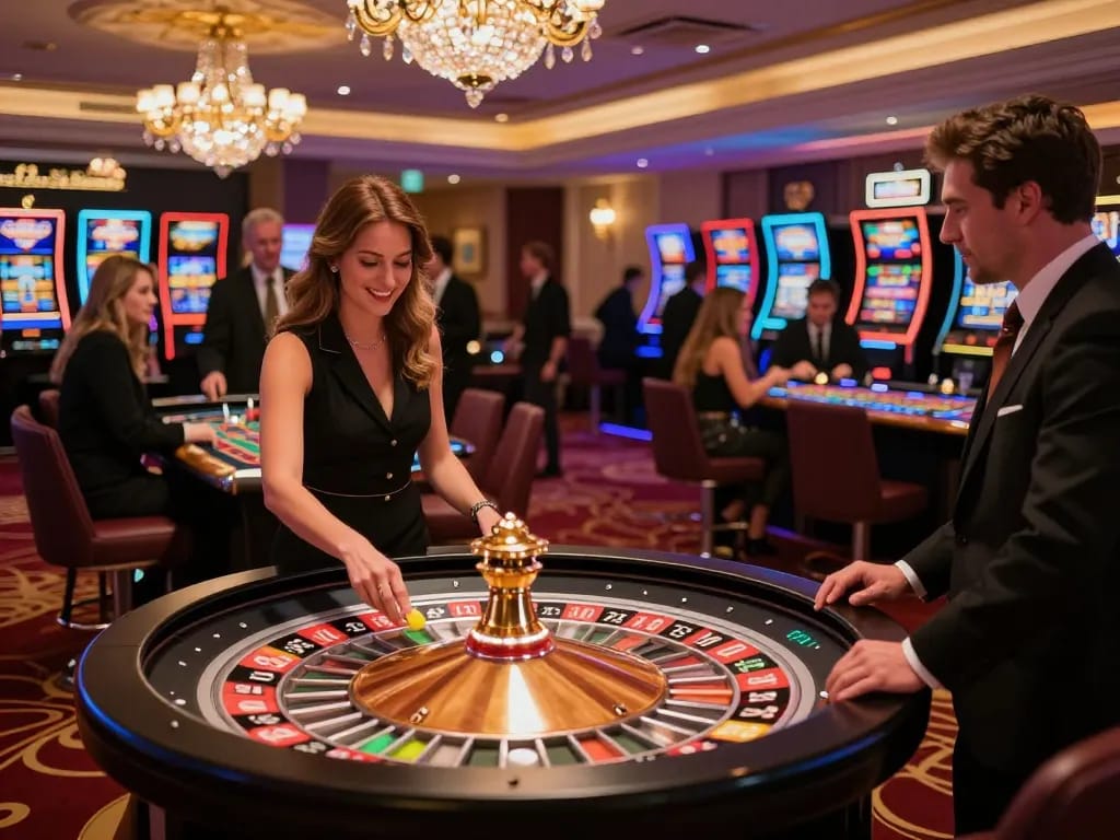 Players engaging in thrilling bets at the roulette table in an upscale casino, highlighting the excitement of 88vvgo.