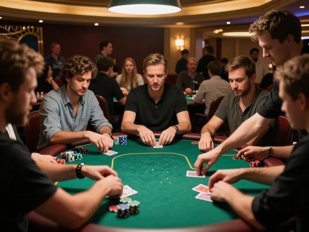 Engaged players at Onbet poker table calculating their chances and placing bets.