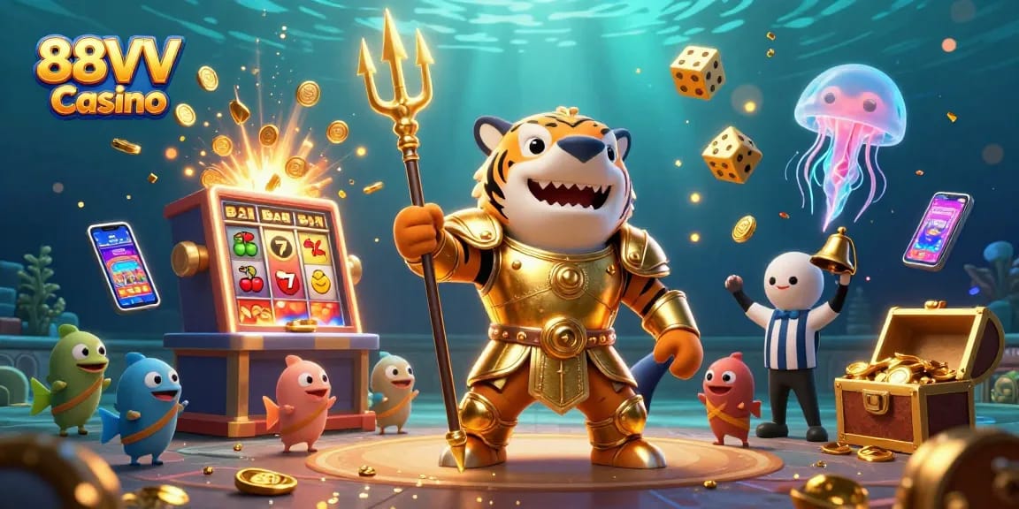 Engage with 88VV Casino's vibrant underwater scene featuring a golden shark gladiator and exciting game elements.