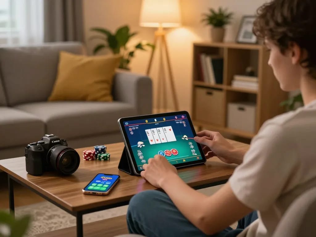 Player enjoying a poker game on their tablet with the 78wingo app in a cozy living room setup.