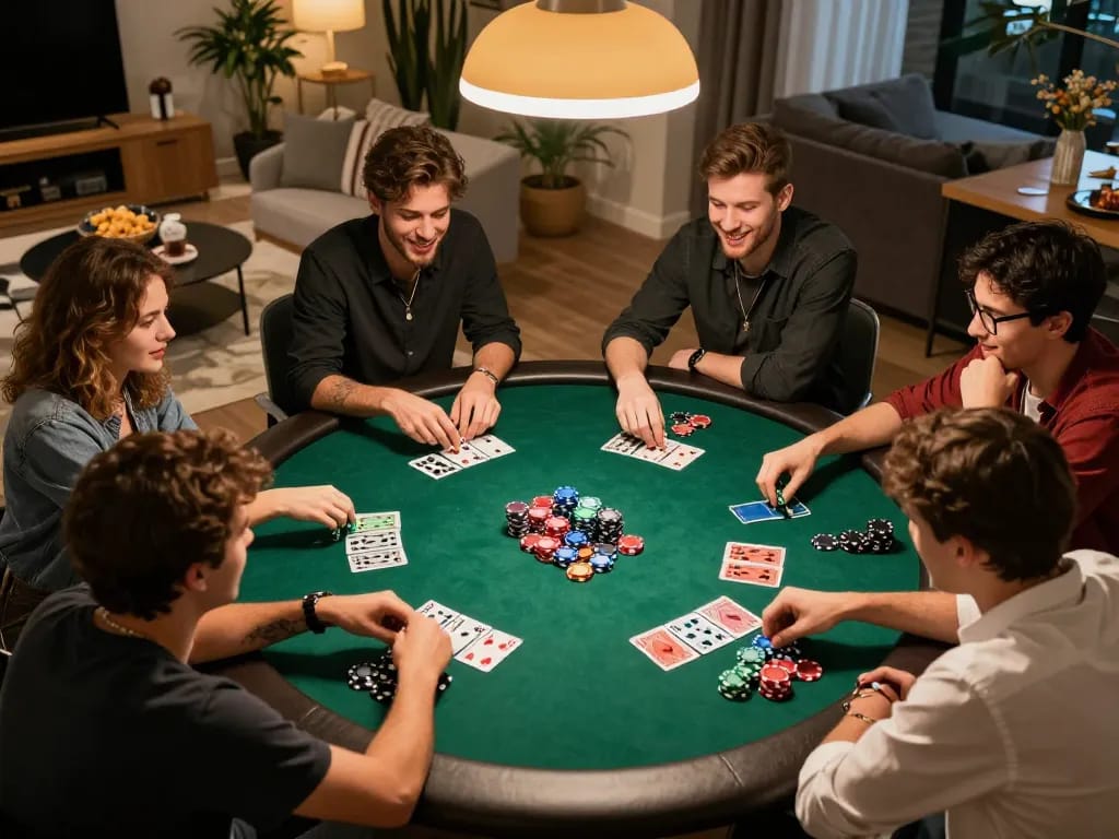 Friends enjoying an engaging poker night with 13WIN playing cards and chips on the table