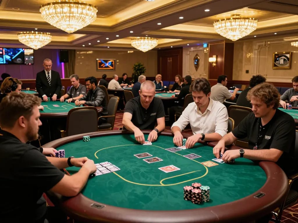 High-stakes poker action at an upscale casino, showcasing intense moments of game strategy with nhacaiuytinn branding.