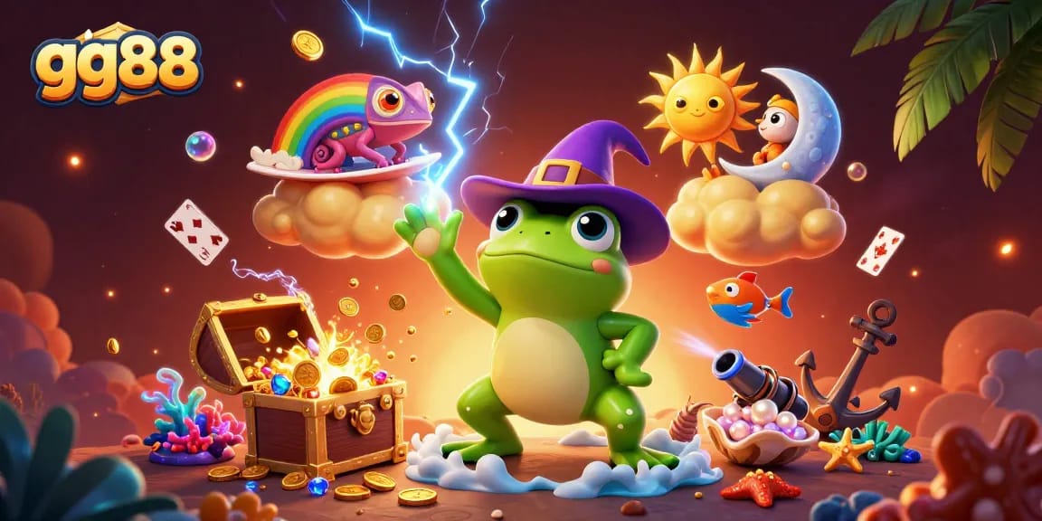 Participate in exciting gaming experiences at gg88 with whimsical characters, treasure, and vibrant casino elements.