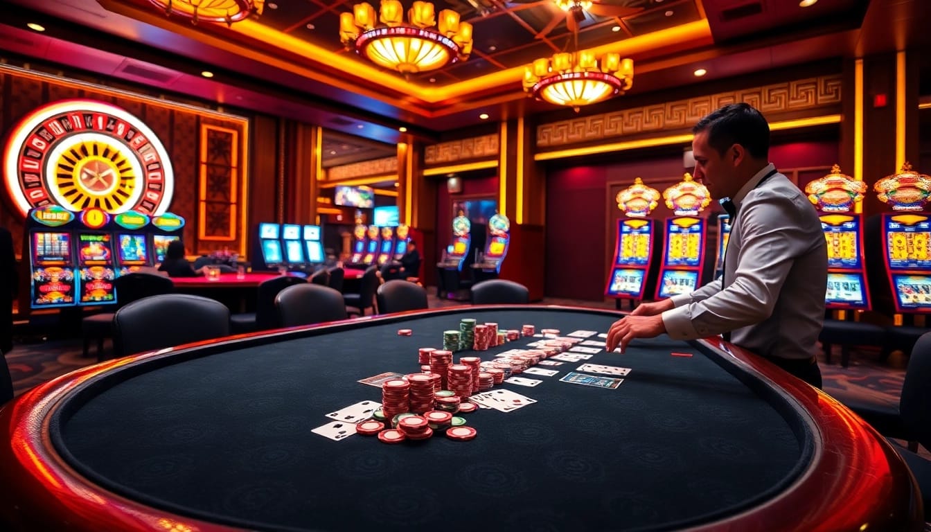 Excited players assessing tỷ lệ nhà cái at an elegant casino poker table with vibrant chips.