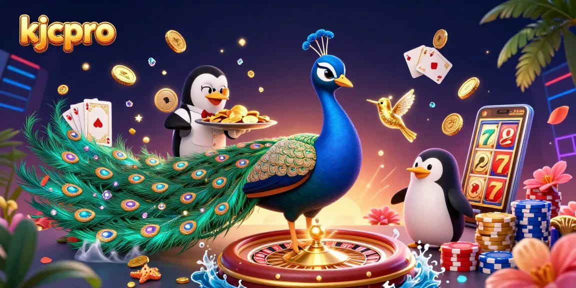 Win exciting rewards at kjcpro with a vibrant casino scene featuring a peacock and shimmering gems.