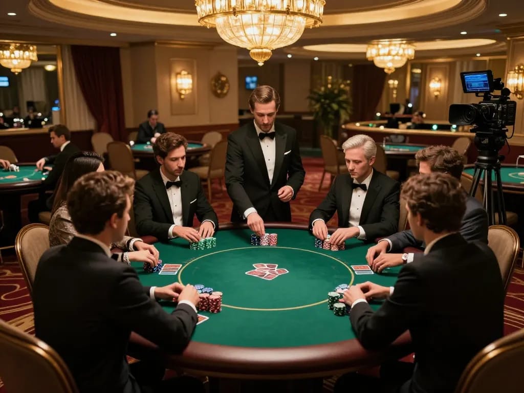 BL555 poker players strategizing in upscale casino setting with luxurious decor.