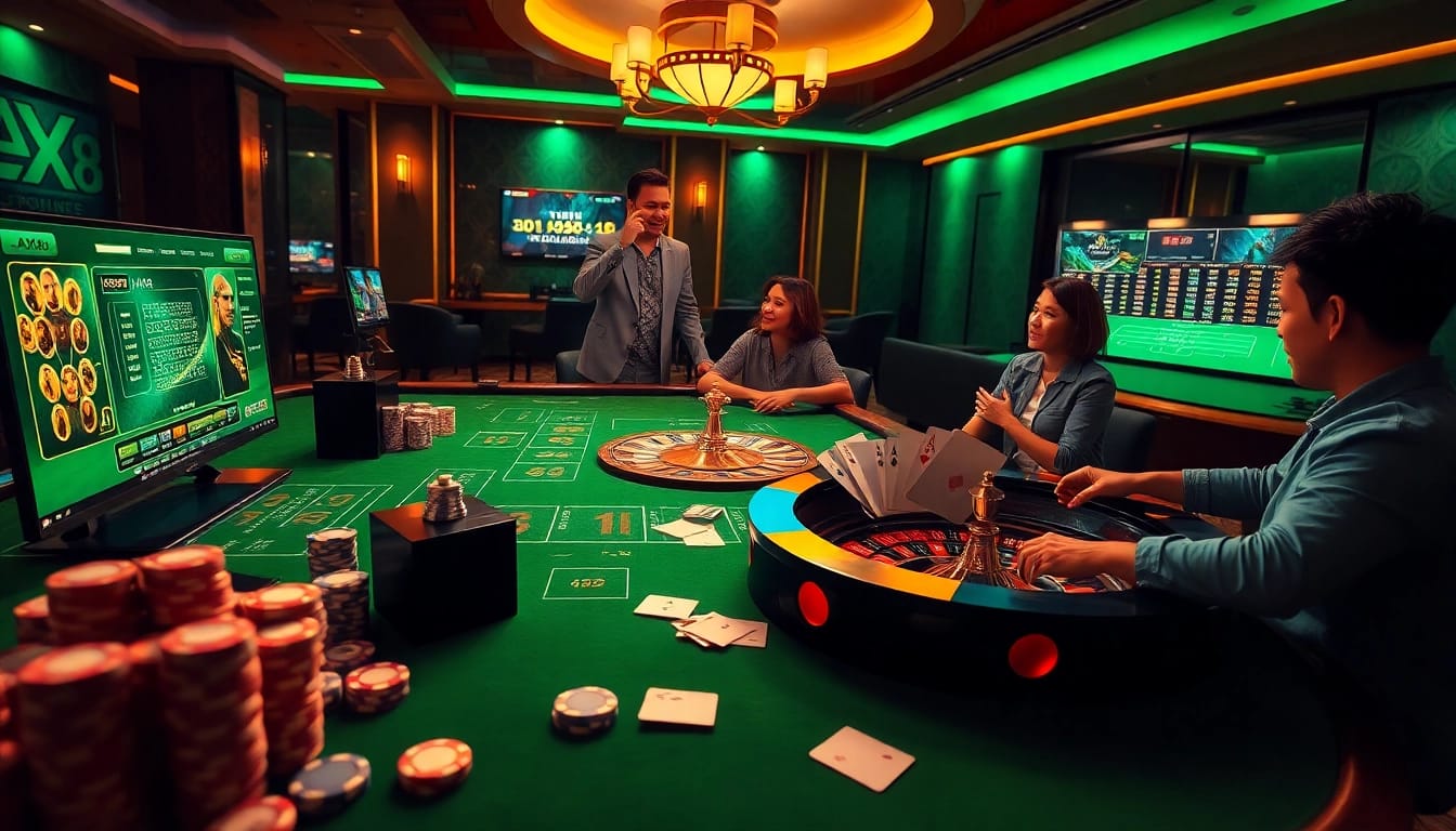Exciting online gambling experience on https://ax88.bid/ featuring poker chips, roulette wheel, and vibrant betting interface.
