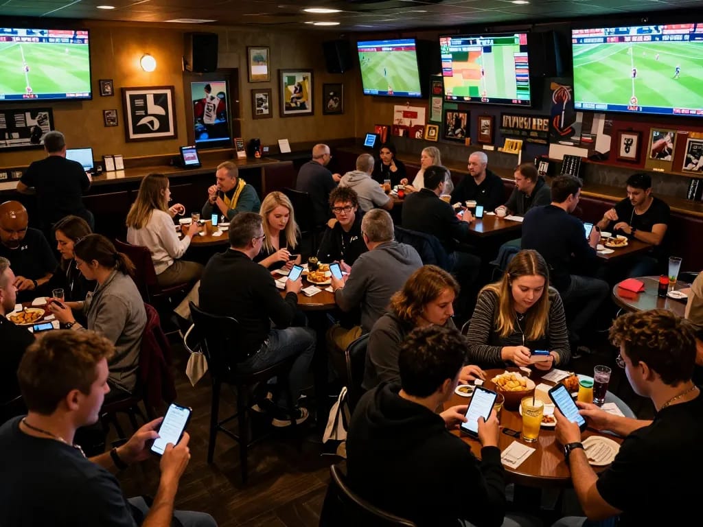 Engaged bettors analyzing sports action while placing sbobet wagers in a vibrant sports bar atmosphere.
