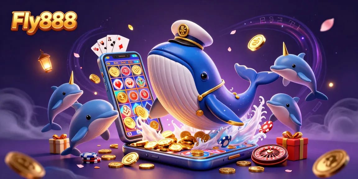 Experience the thrill of Fly888 with a vibrant 3D cartoon scene featuring games, coins, and playful sea creatures.