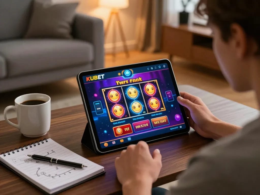 KUBET gaming experience with a person engaging in online casino on tablet in a cozy home.