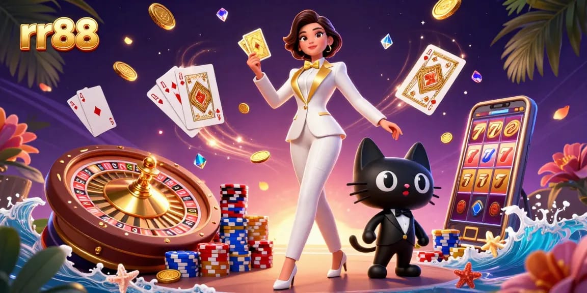 rr88 showcases a glamorous woman in a tuxedo shuffling golden cards amidst vibrant casino elements.