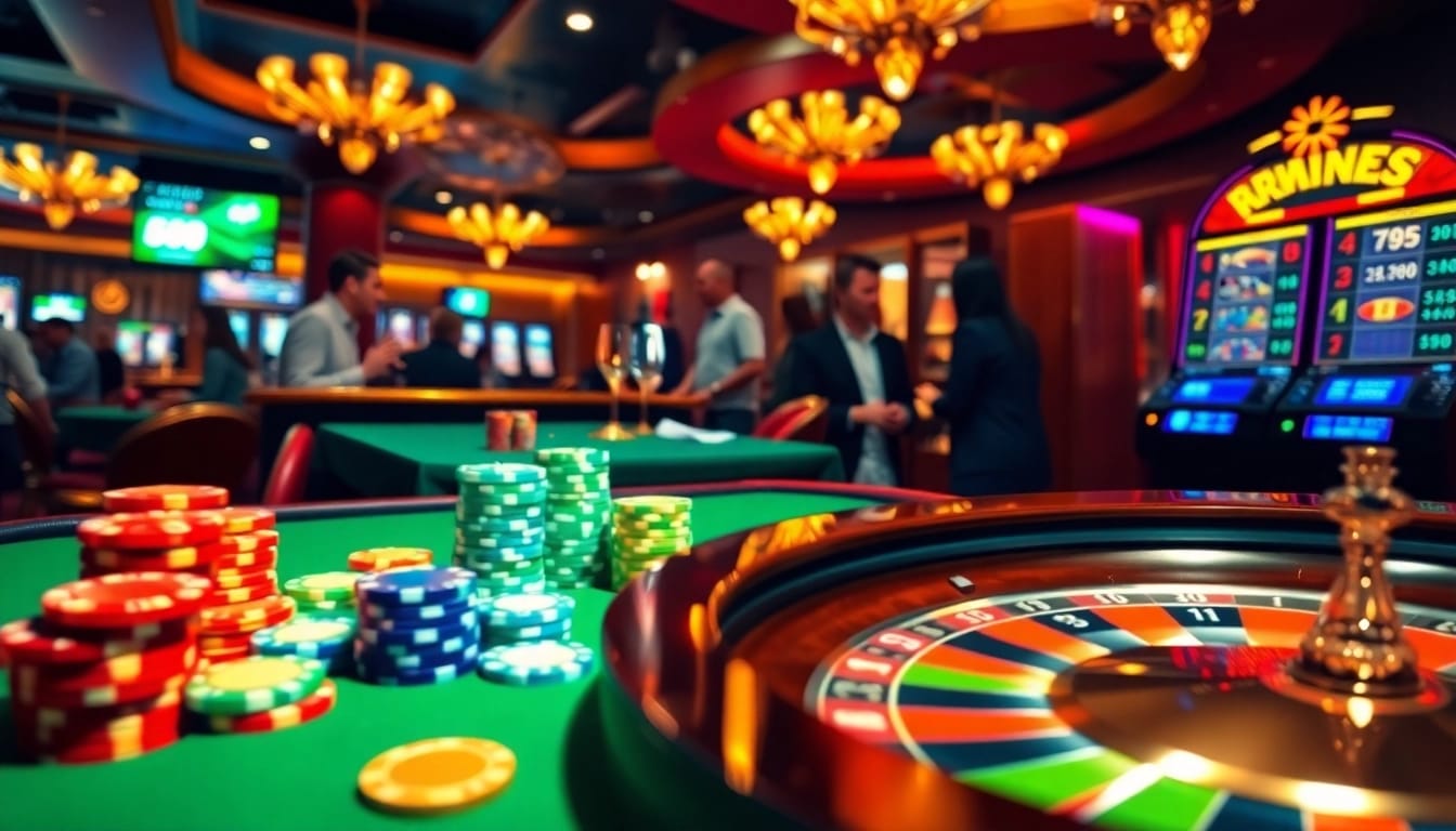 Experience the high-stakes action of bj38 with players at casino tables and dazzling slot machines.