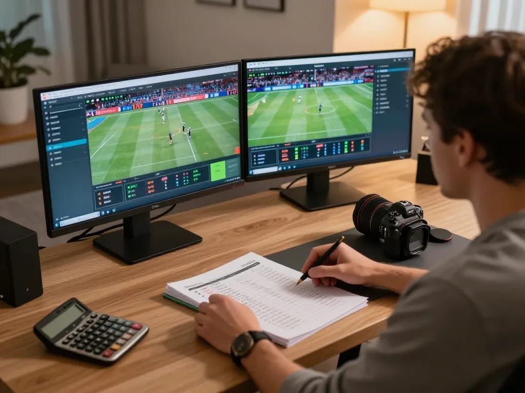 CM88 sports betting experience at home with multiple screens and strategic notes