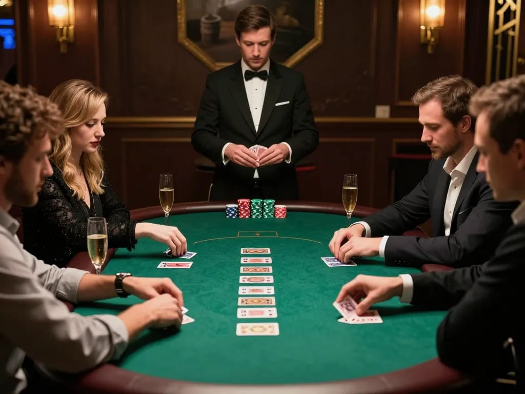Active poker game scene featuring players at O8 SOCIAL engaged in strategic gameplay with a focused dealer.