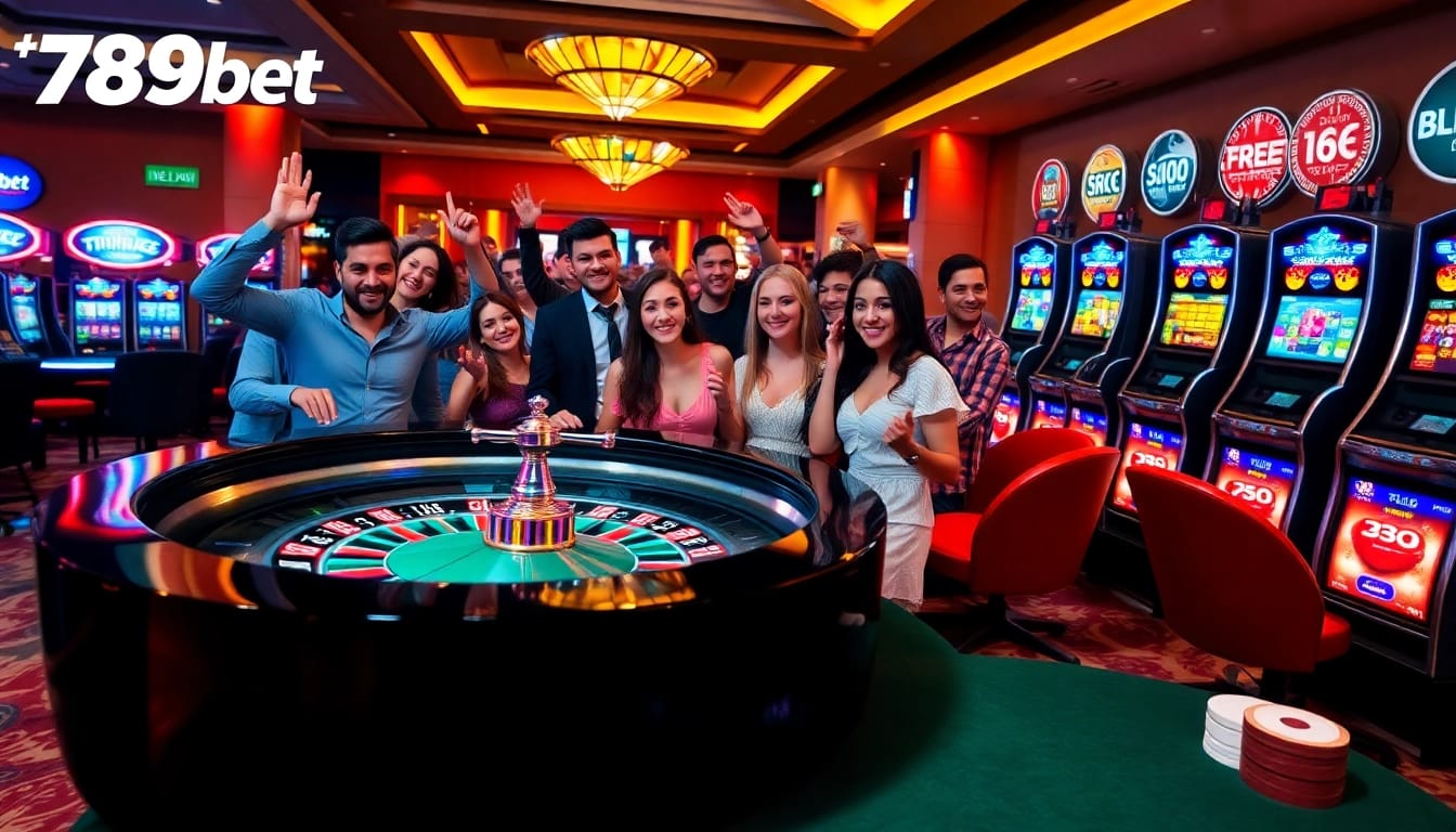Excited gamblers enjoying a thrilling moment at 789bet's luxurious casino.