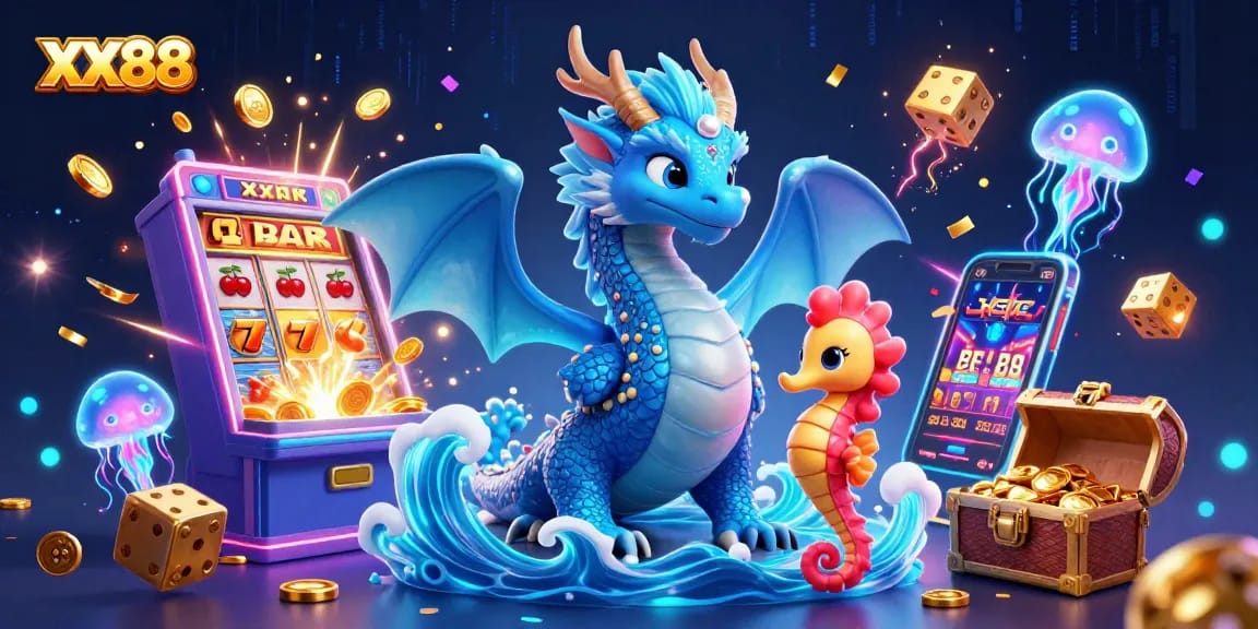 Experience thrilling gameplay at XX88 with a dynamic 3D casino illustration showcasing vibrant game elements.
